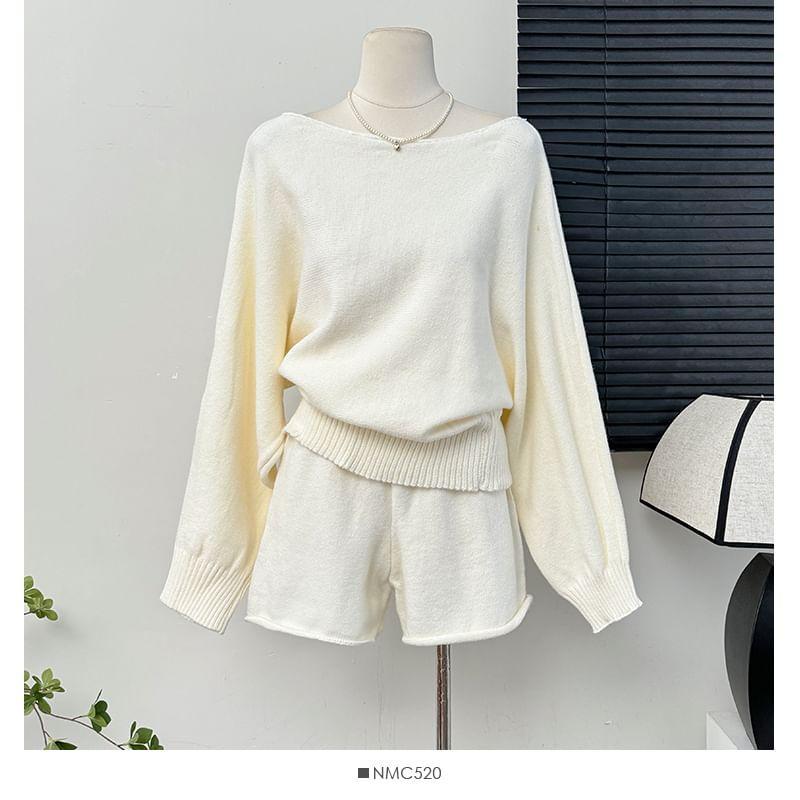 Set: One-Shoulder Loose Knit Top + High-Waist Shorts Product Image