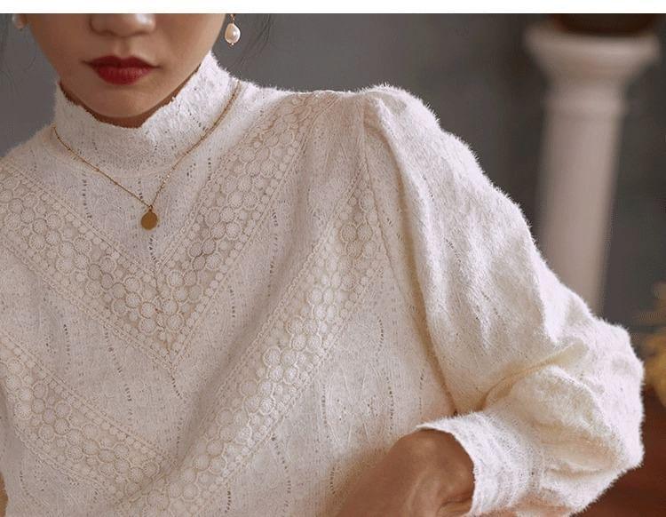 Long-Sleeve Mock Neck Lace Blouse Product Image