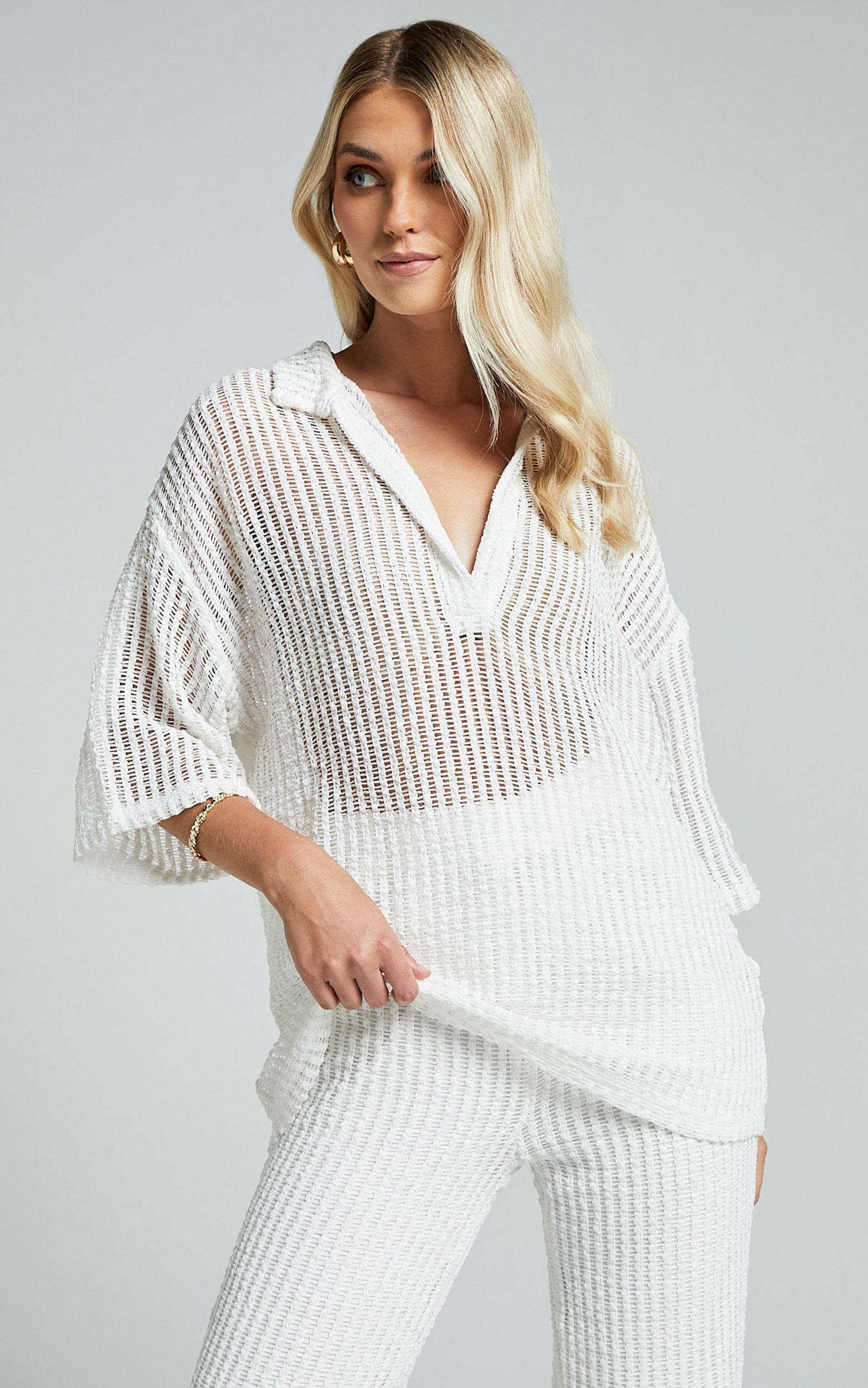 Cessily Top - V Neck Oversized Sheer Crochet Blouse in White Product Image