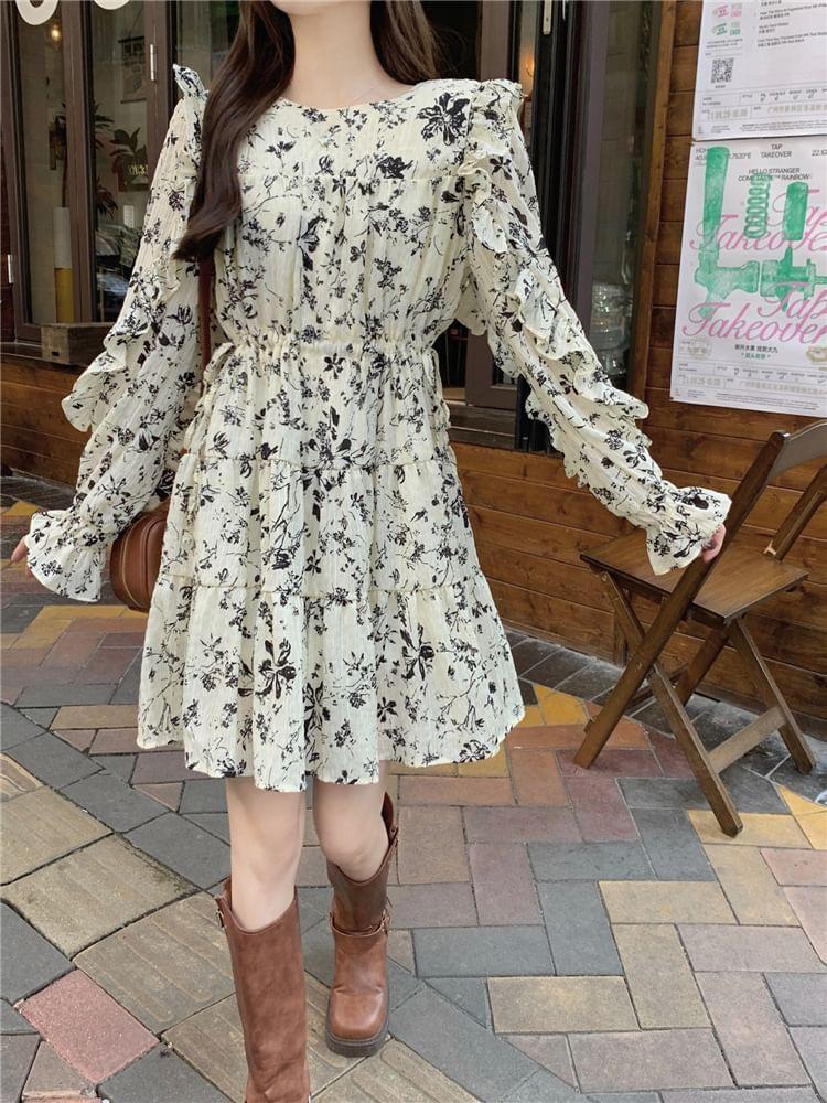 Long-Sleeve Round Neck Floral Ruffle Trim A-Line Dress Product Image