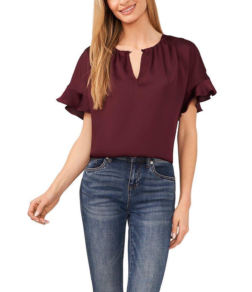 CeCe Keyhole Buttoned V-Neck Short Ruffle Sleeve Blouse product image