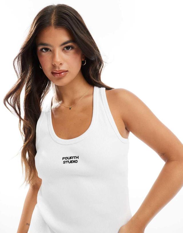 4th & Reckless premium ribbed embroidered logo tank top in white Product Image