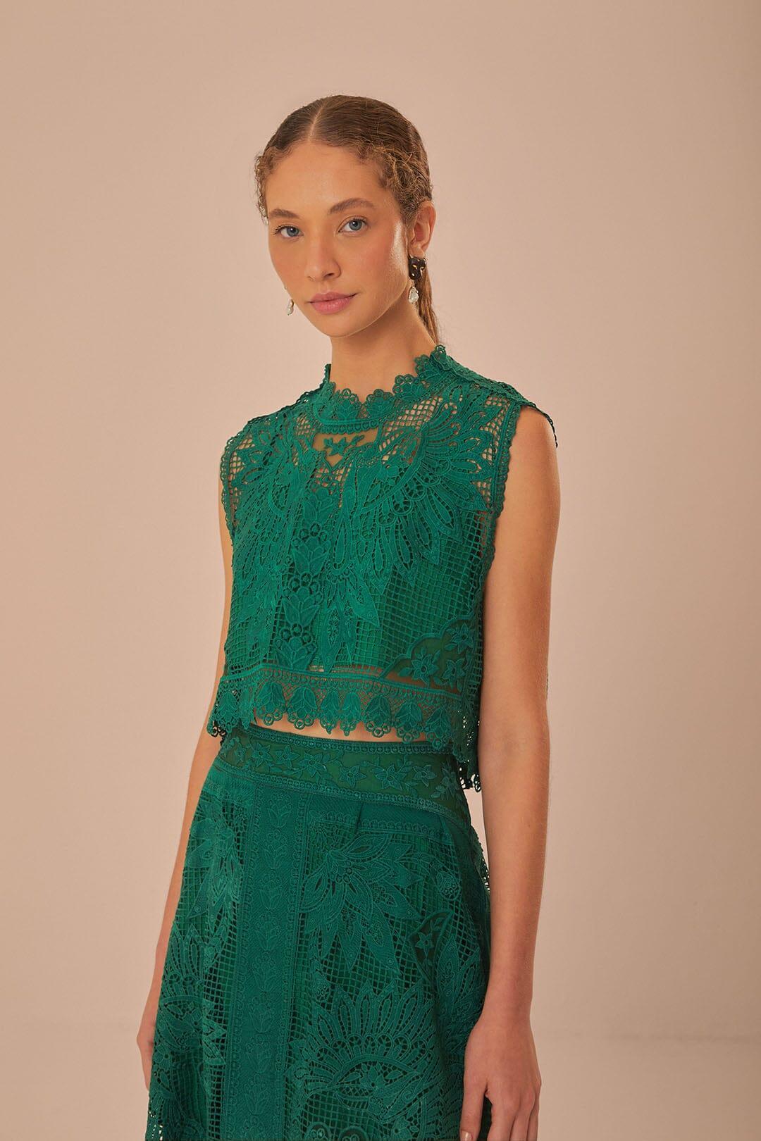 Green Toucan Guipure Sleeveless Top, GREEN / L Product Image