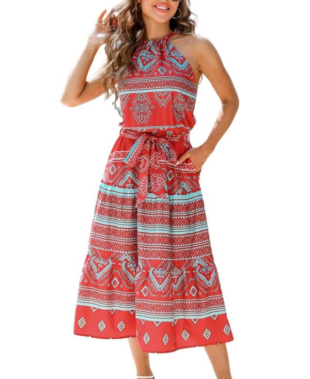 Cupshe Womens Geo Print Halterneck Belted Maxi Beach Dress Product Image