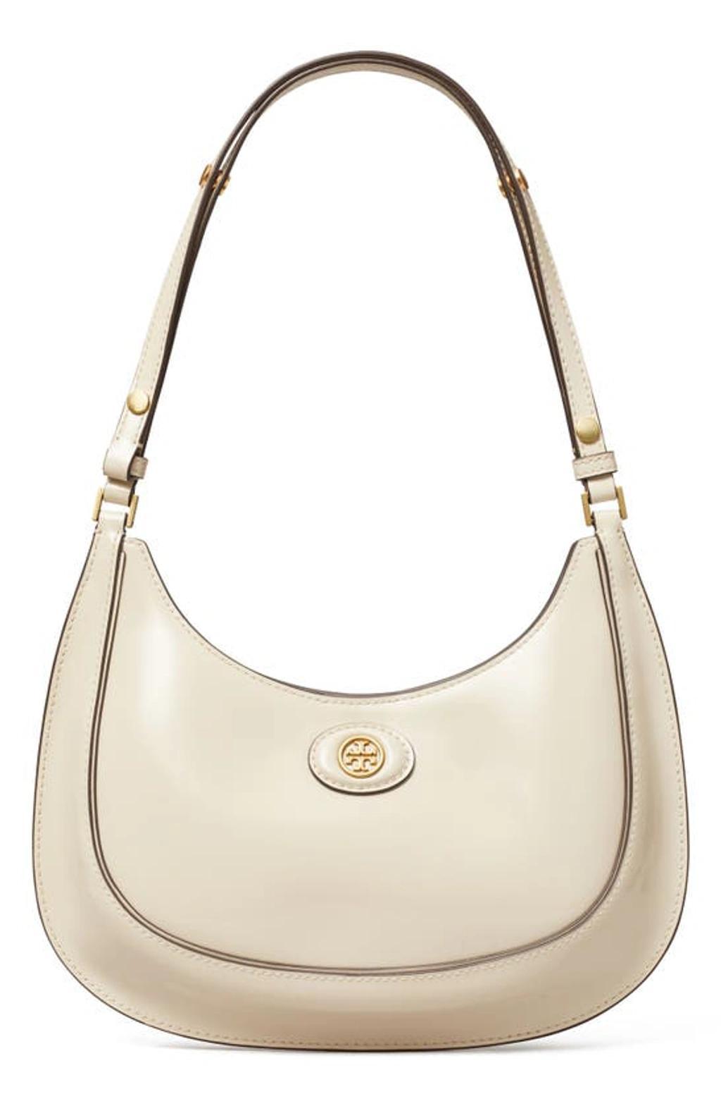 TORY BURCH Robinson Spazzolato Crescent Leather Shoulder Bag In White Product Image