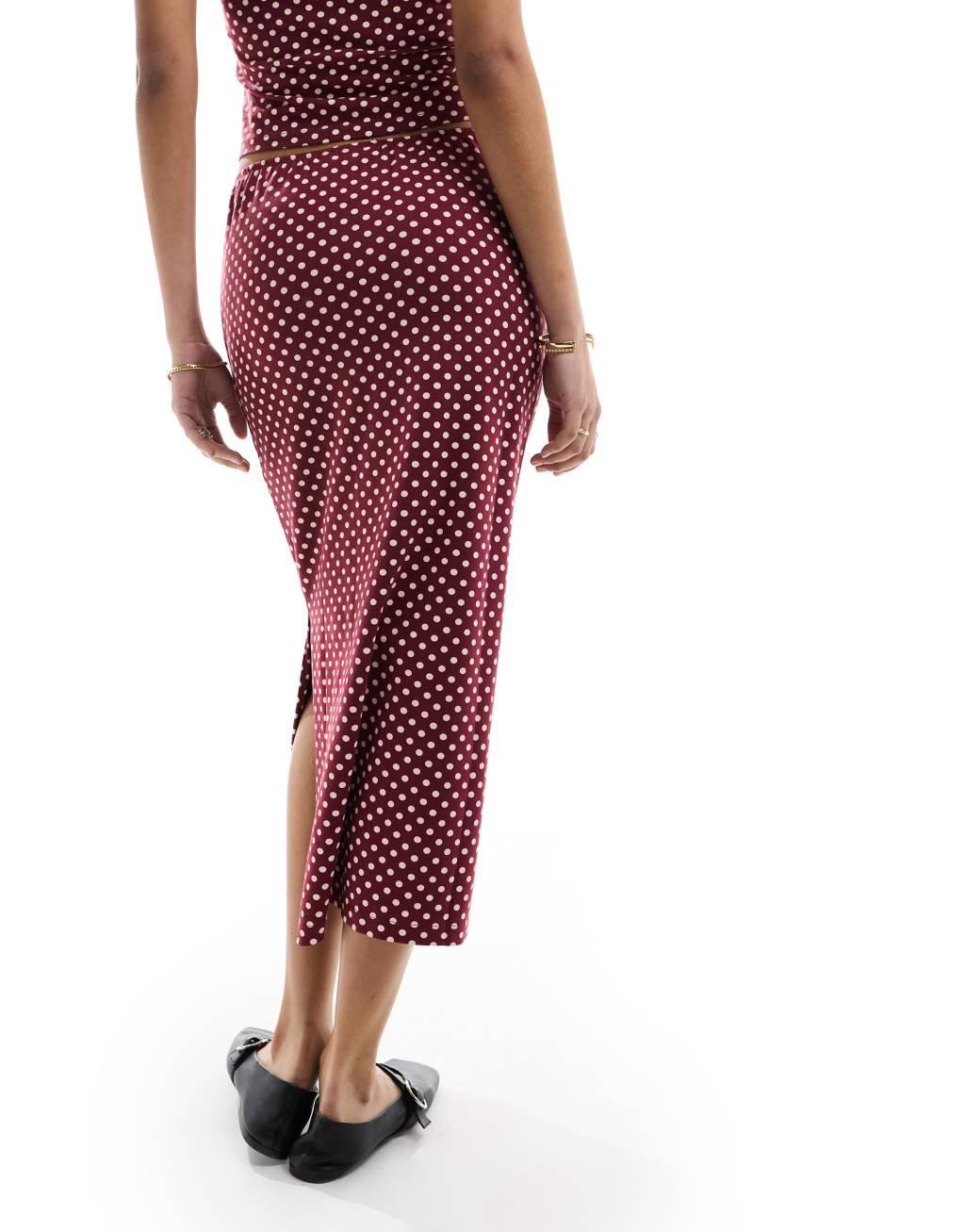 ASOS DESIGN column midi skirt in burgundy polka dot print - part of a set Product Image