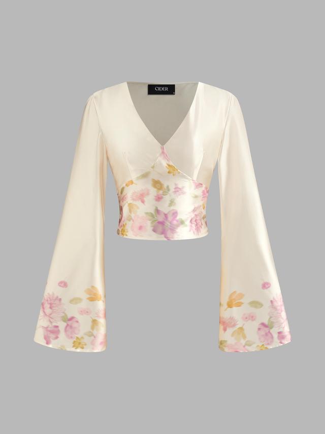 V-neck Floral Knotted Crop Long Sleeve Blouse Product Image