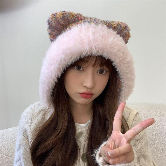 Bear Ear Melange Faux Fur Knit Hat Product Image