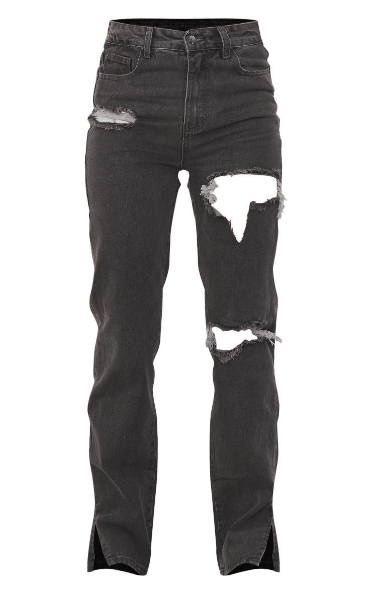 Washed Grey Ripped Split Hem Jeans Product Image