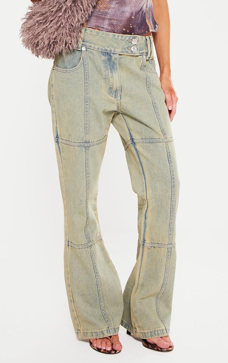 Petite Indigo Vintage Wash Seam Detail Flared Jeans Product Image