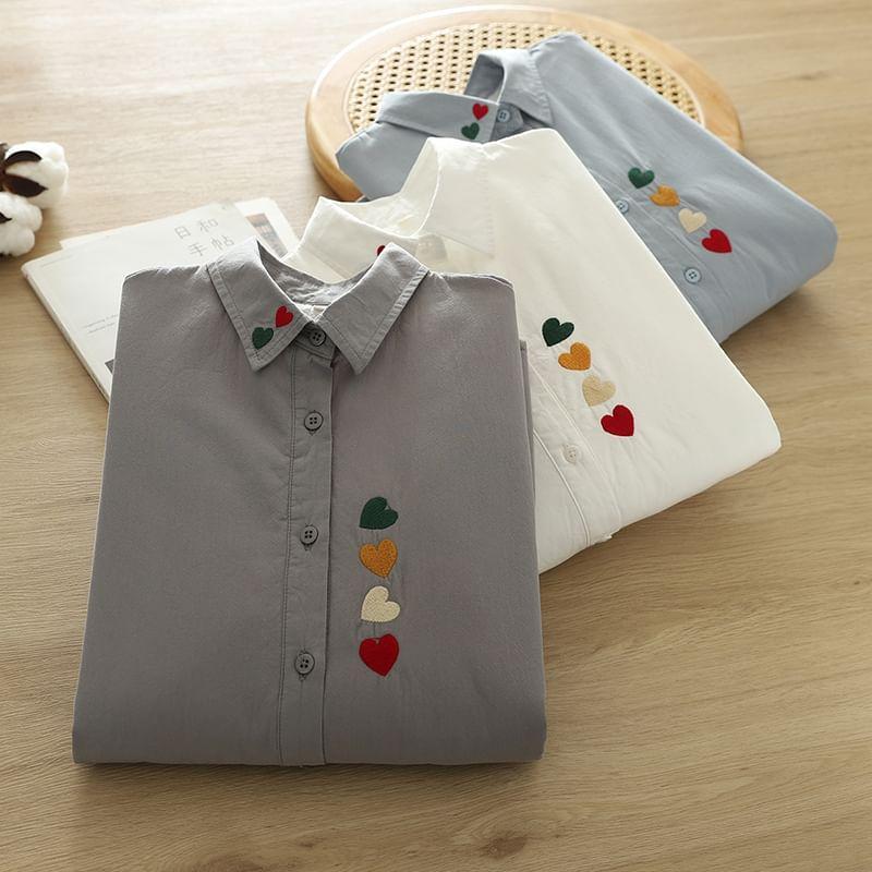 Fleece-Lined Heart Embroidered Button-Up Shirt Product Image