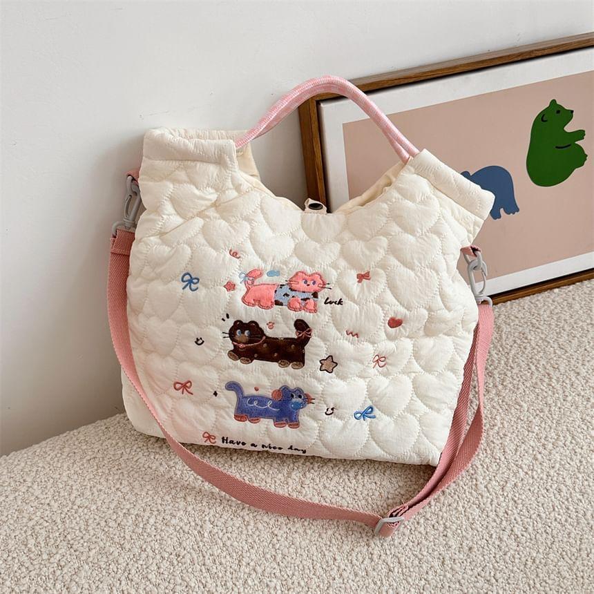 Cartoon Embroidered Heart Quilted Tote Bag Product Image