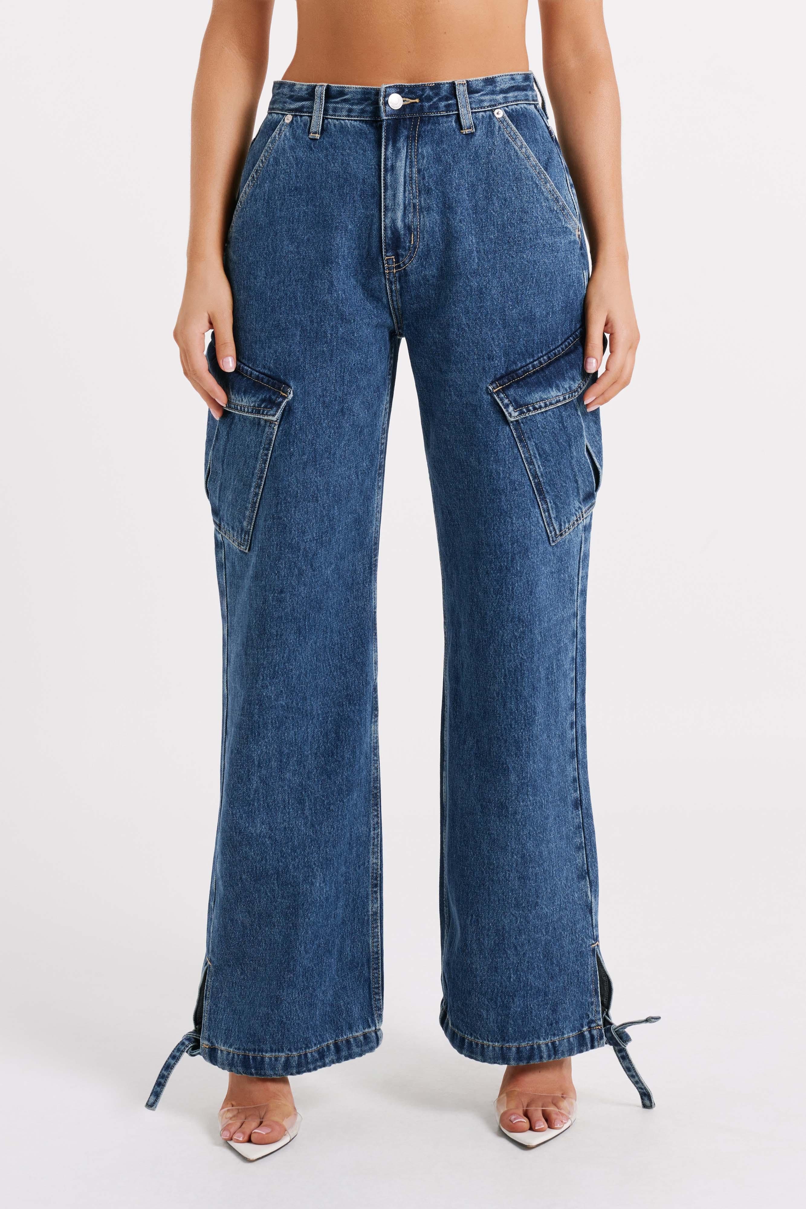 Thelma Relaxed Denim Cargo Pants - Dark Blue Product Image