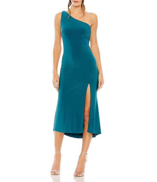 Mac Duggal One Shoulder Sleeveless Cowl Back Front Slit Midi A-Line Dress Product Image