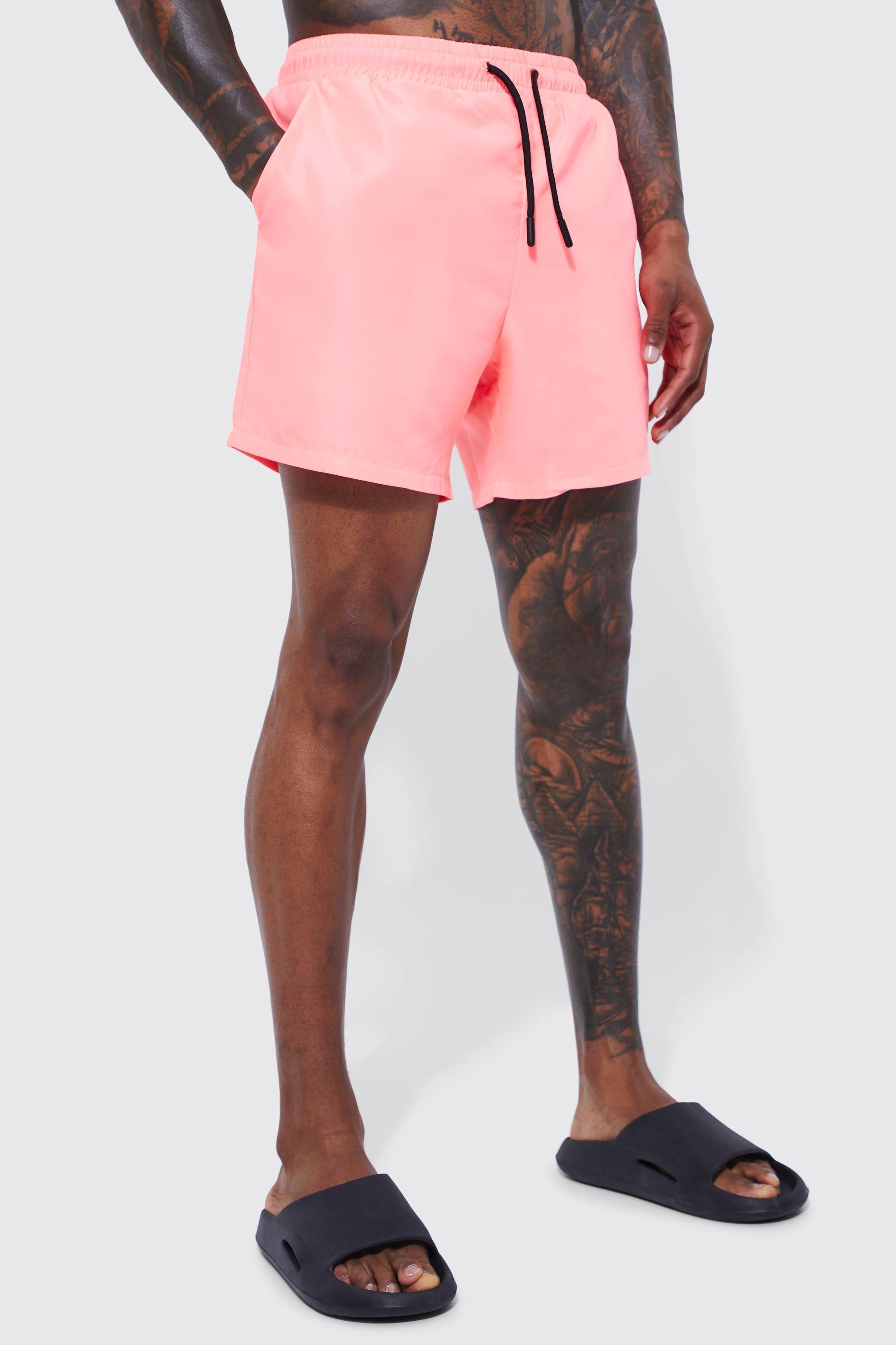 Mens Pink Mid Length Plain Swim Shorts, Pink Product Image