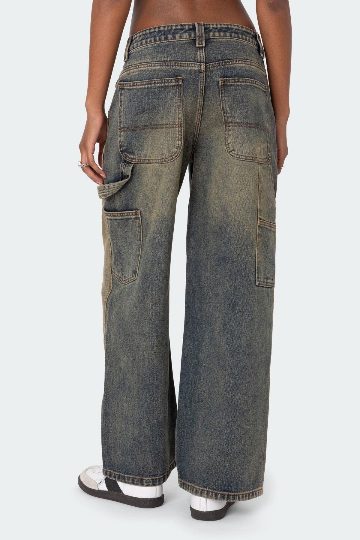 Contrast Panel Low Rise Washed Jeans Product Image