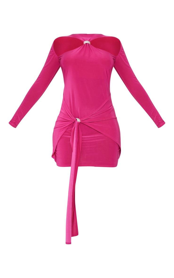 Pink Slinky Cut Out Diamante Tie Detail Long Sleeve Bodycon Dress Product Image