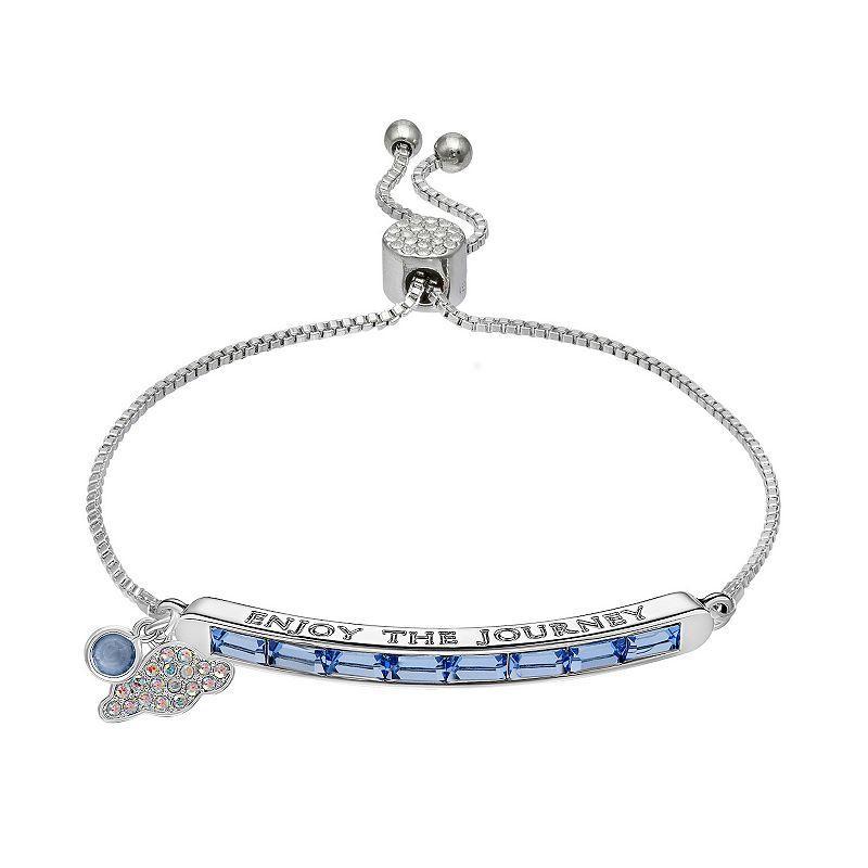 Brilliance Silver Tone Blue Crystal Enjoy the Journey Bar & Cloud Charm Adjustable Bracelet, Womens Product Image