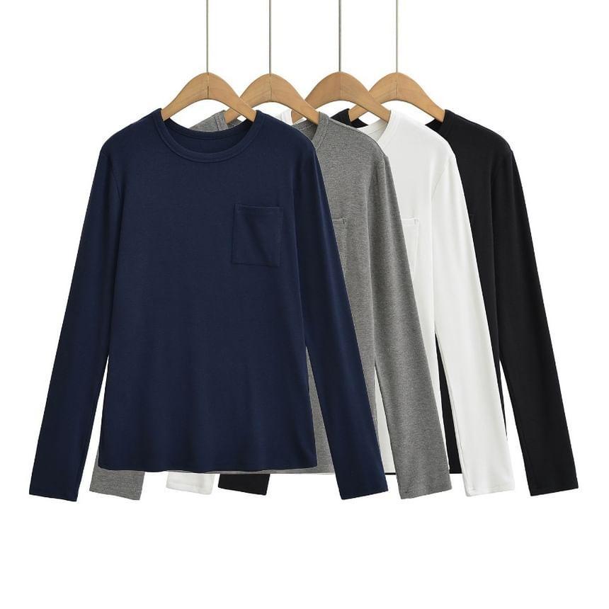 Long Sleeve Crew Neck Plain Pocket T-Shirt Product Image