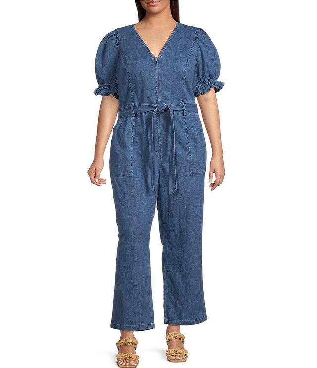 Skies Are Blue Plus Size Washed Denim Short Puff Sleeve Belted Jumpsuit Product Image