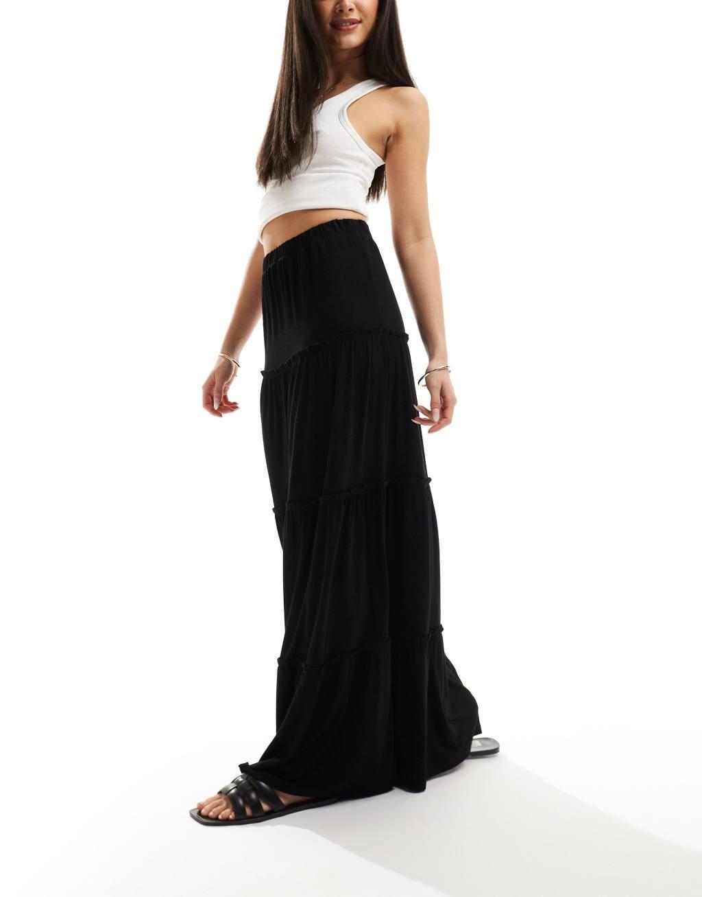 ASOS DESIGN tiered maxi skirt in black Product Image