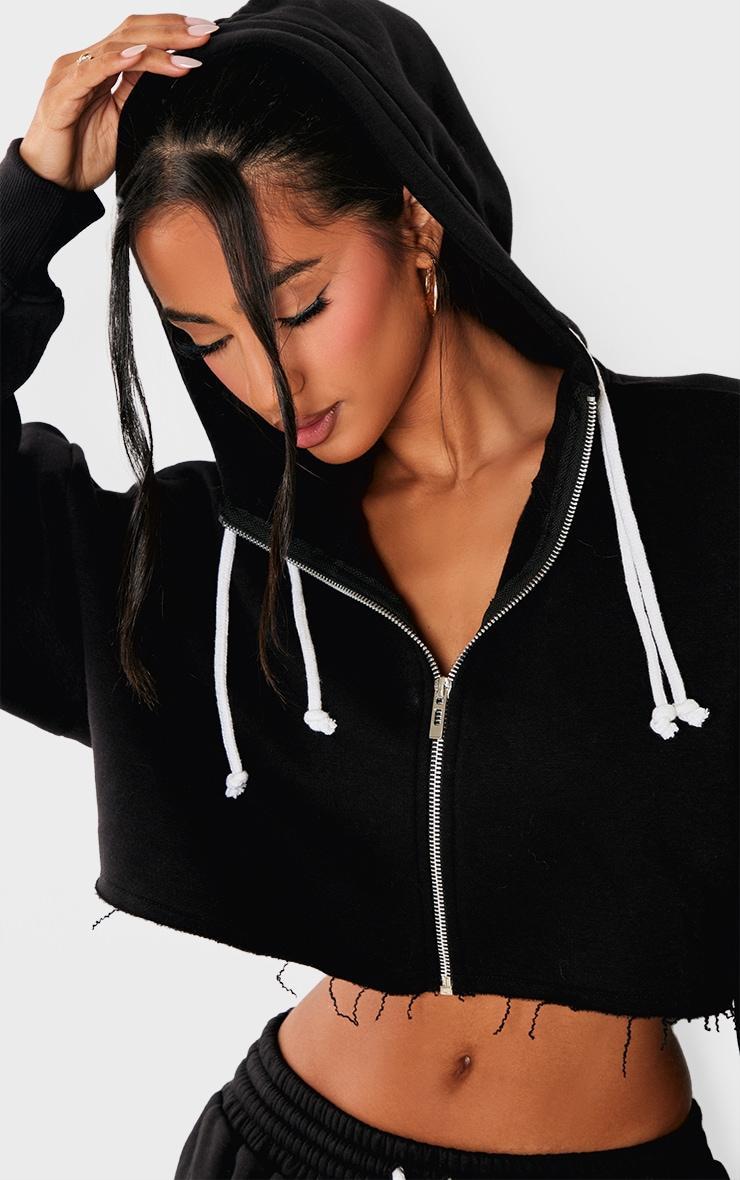 Petite Black Contrast Drawstring Cropped Zip Up Hoodie Product Image