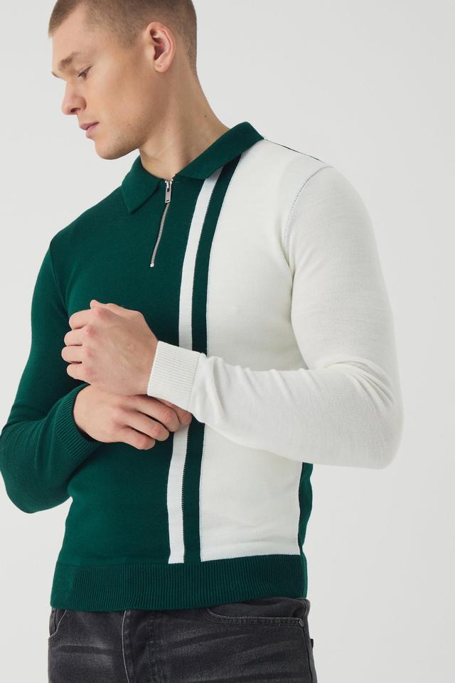 Long Sleeve Muscle Fit Colour Block Knit Polo | boohooMAN USA Product Image