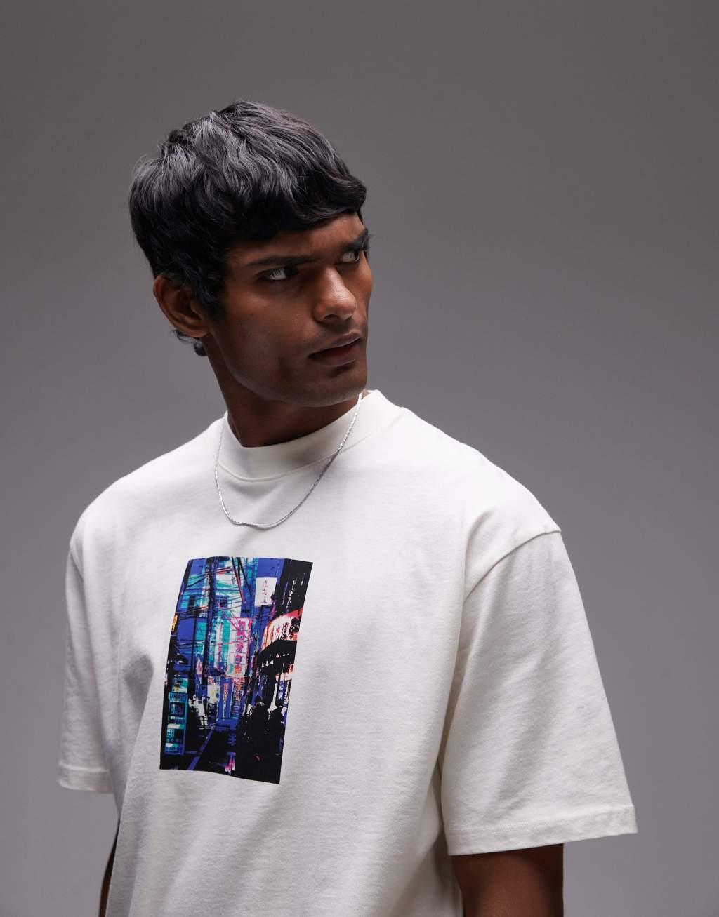 Topman oversized fit t-shirt with Tokyo street print in washed stone Product Image