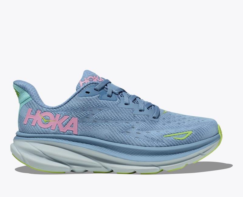 HOKA Womens Clifton 9 Shoes in Blanc De Blanc/Swim Day, Size 5 Product Image