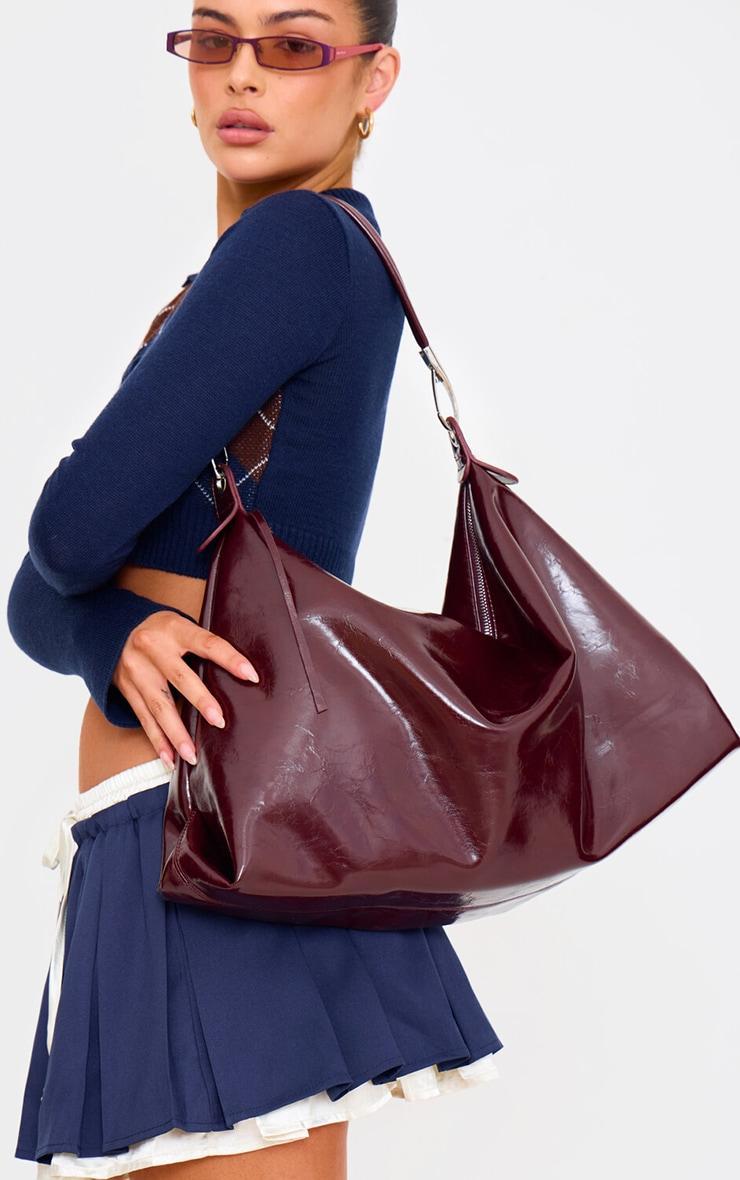 Burgundy Crinkle Patent PU Oversized Slouchy Tote Bag product image