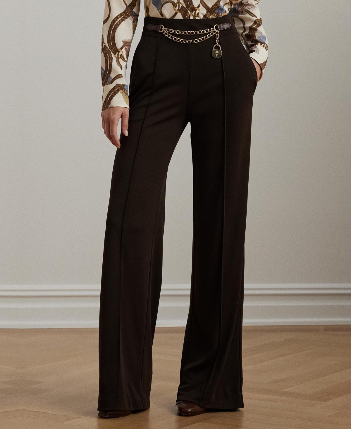 Lauren Ralph Lauren Womens Chain-Trim Pleated Jersey Wide-Leg Pants Product Image