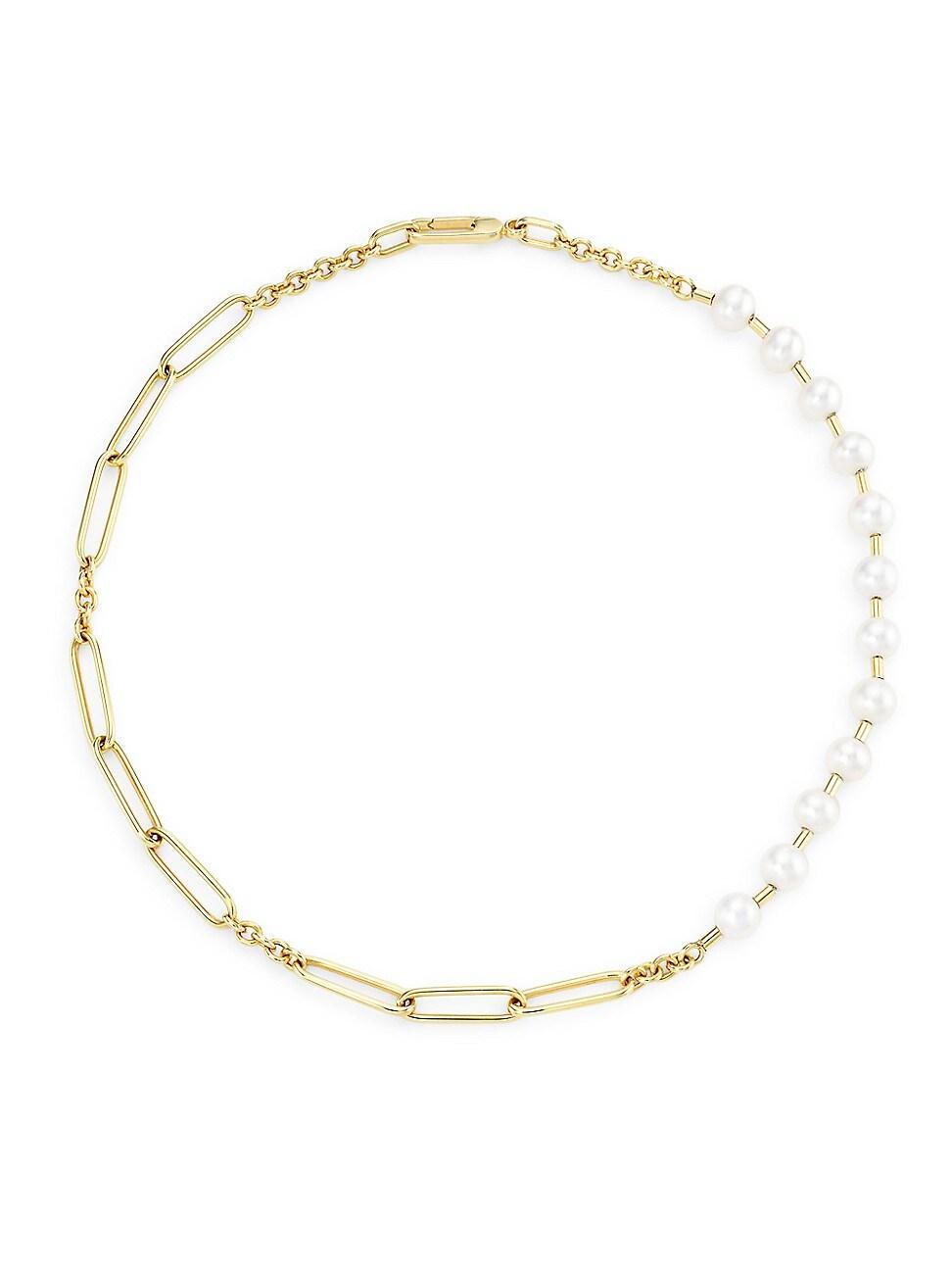 Womens 14K Yellow Gold & Freshwater Pearl Mixed-Link Chain Necklace Product Image