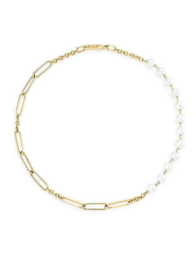 Womens 14K Yellow Gold & Freshwater Pearl Mixed-Link Chain Necklace Product Image