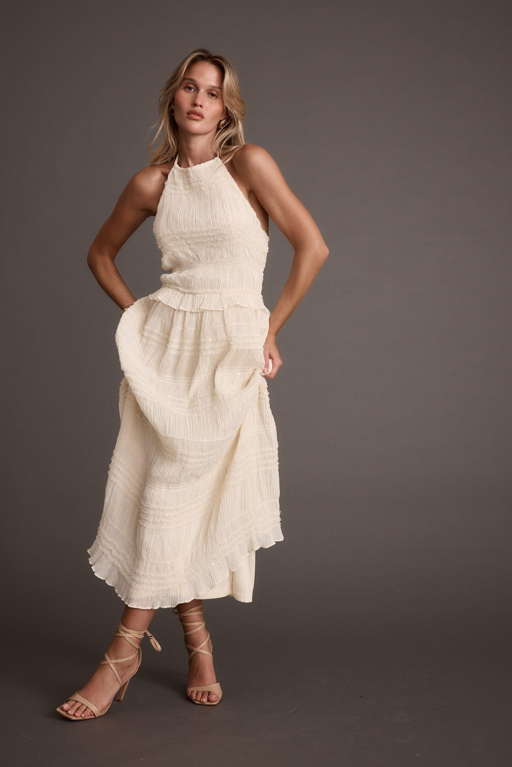 Quinn Ivory High Neck Shimmer Chiffon Maxi Dress Product Image