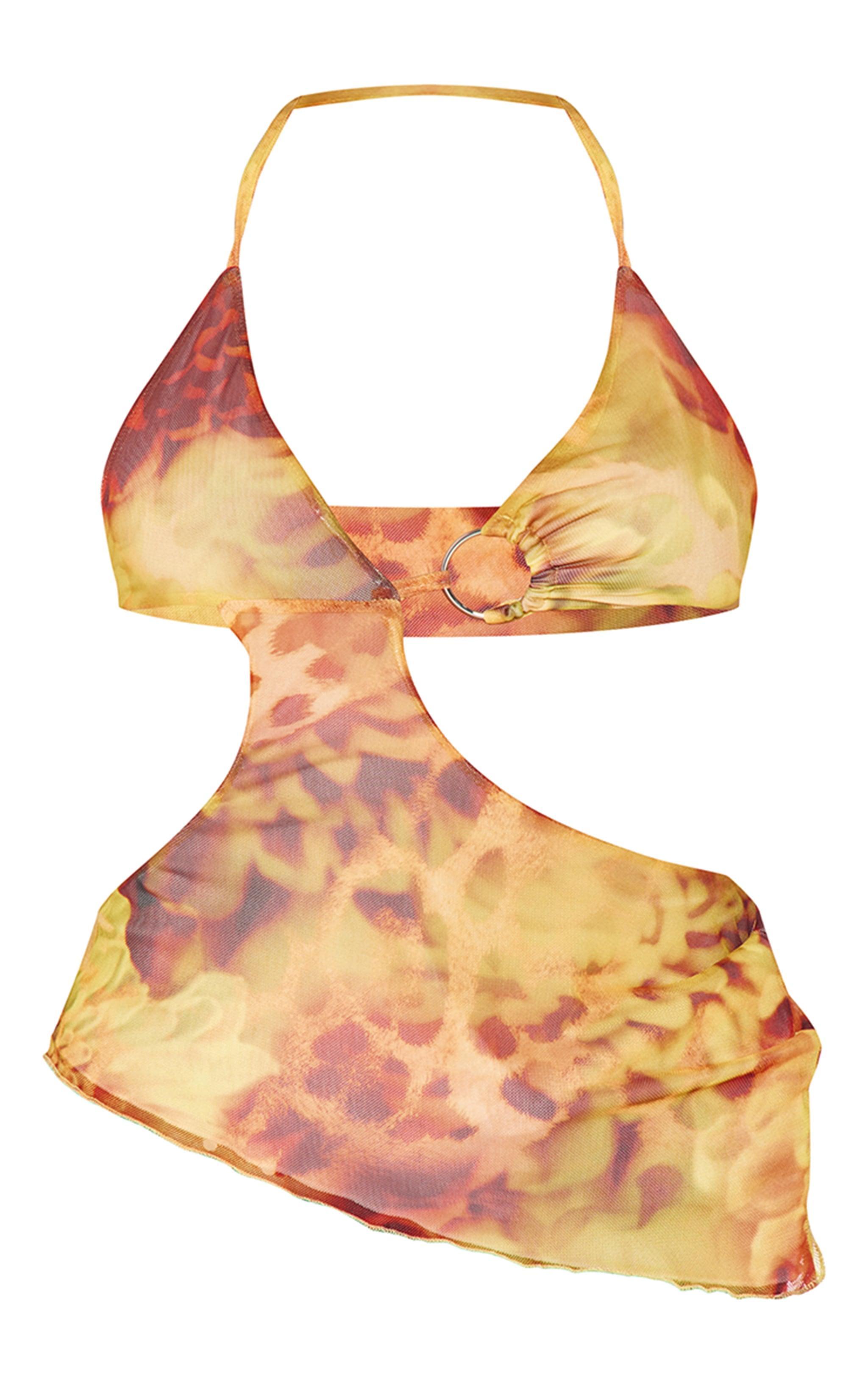 Yellow Cut Out Printed Mesh Long Top Product Image