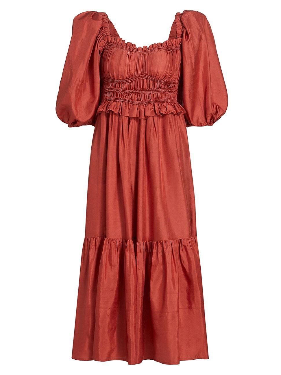 Womens Kyle Silk Puff-Sleeve Midi-Dress Product Image