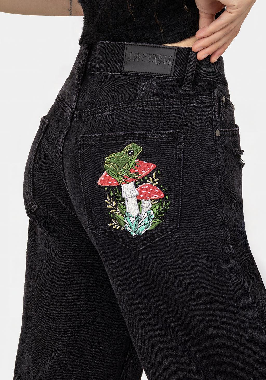 Swamplife Frog Embroidered Distressed Mom Jeans Product Image