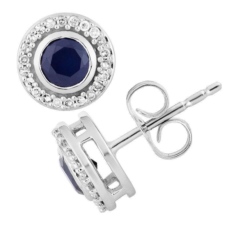 10k White Gold Sapphire & 1/8 Carat T.W. Diamond Halo Stud Earrings, Womens, Blue Product Image