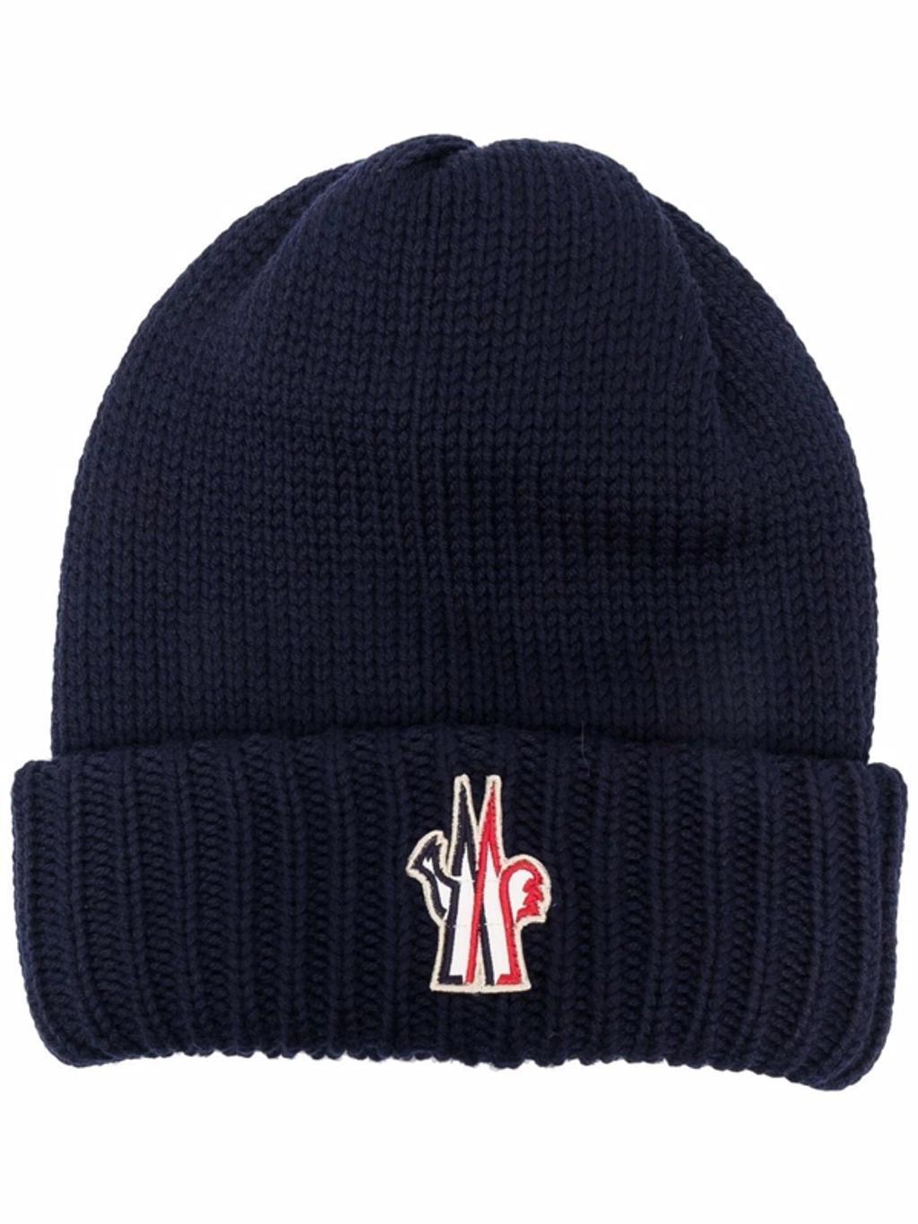 MONCLER Blue Wool Hat With Logo Patch Product Image