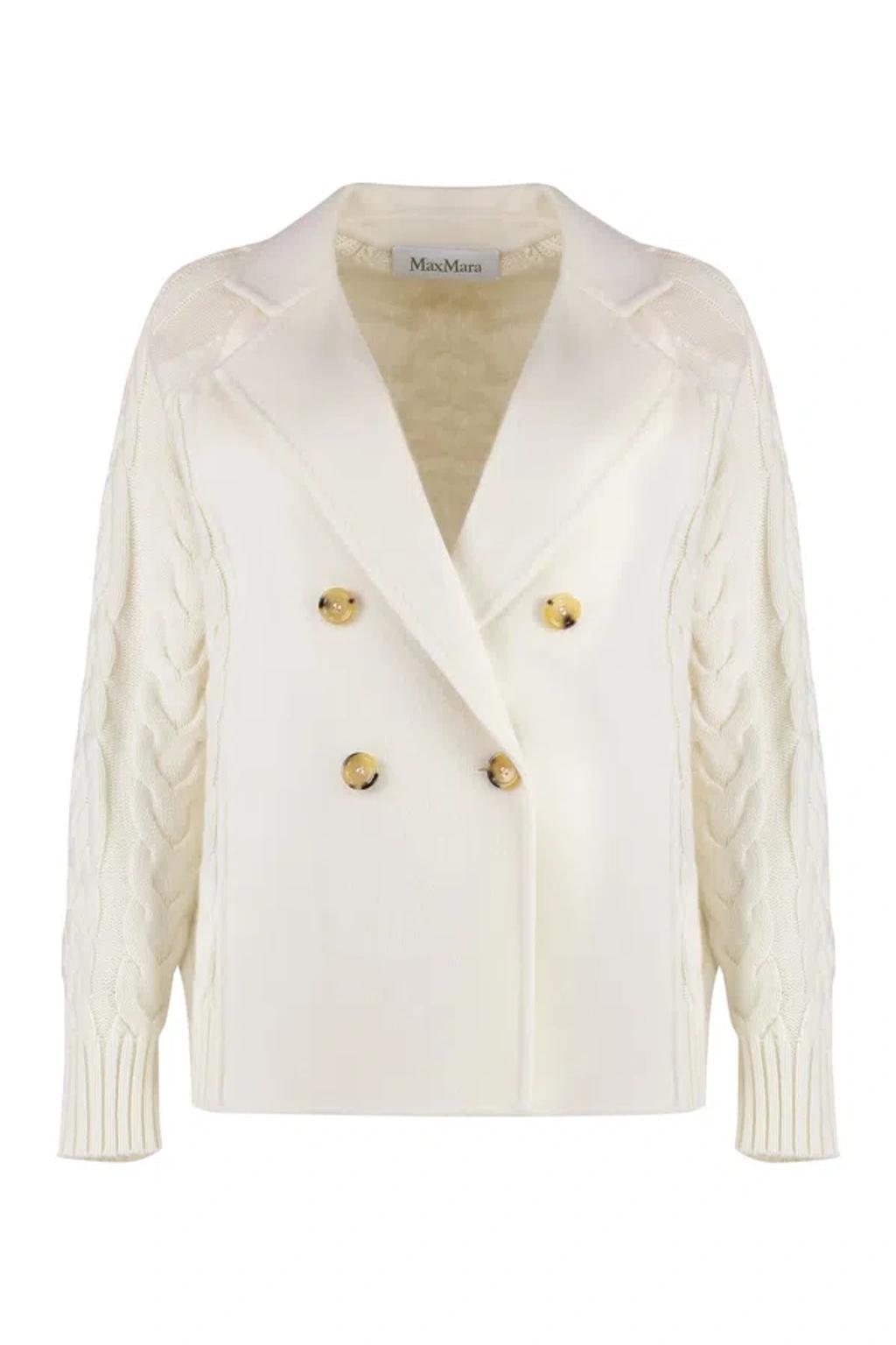 Micio Double-breasted Cable Wool Cashmere Coat In White Product Image