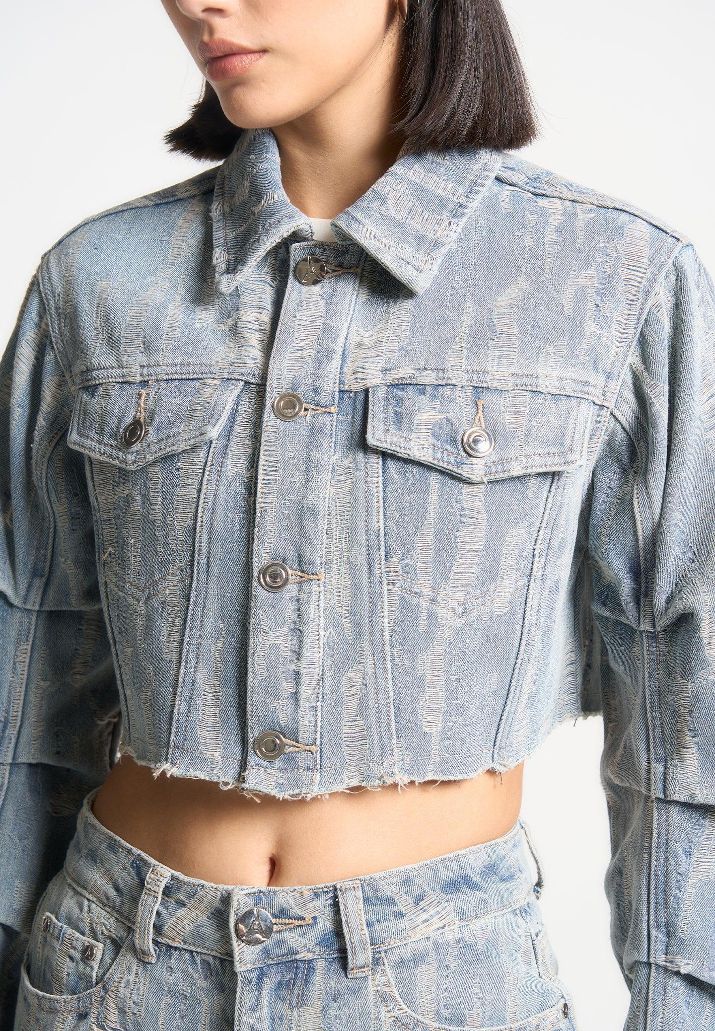 Cropped Distressed Denim Jacket - Mid-Blue Female Product Image