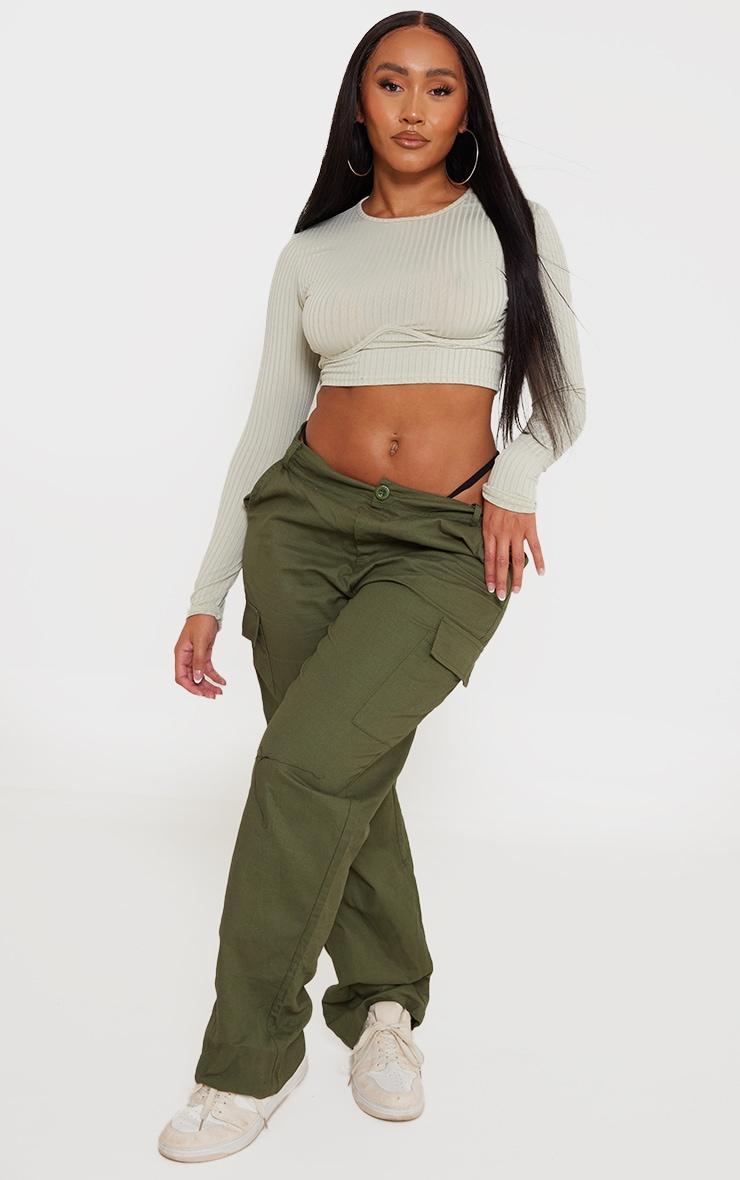 Shape Sage Green Rib Underbust Long Sleeve Crop Top Product Image