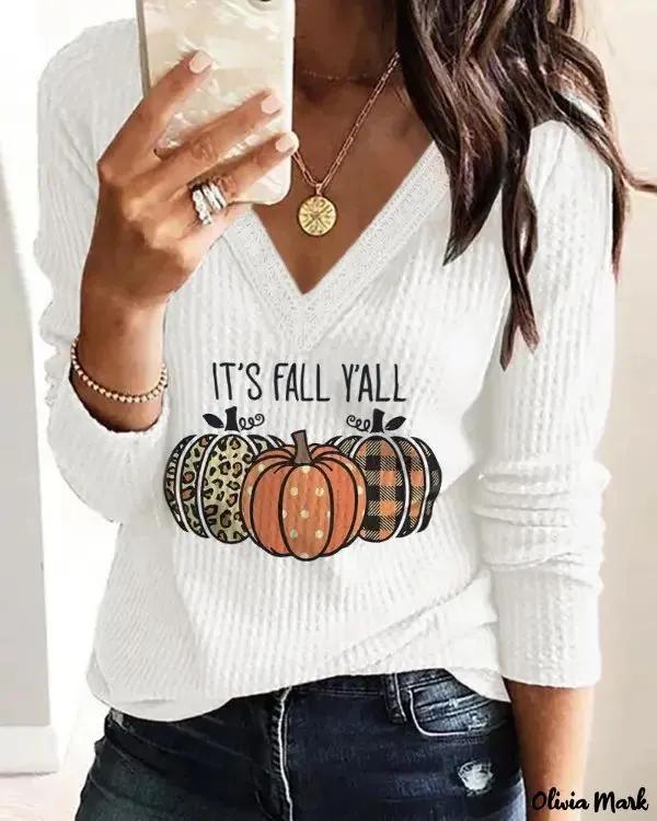 Olivia Mark – Halloween Pumpkin Print Contrast Lace Long Sleeve Top Product Image