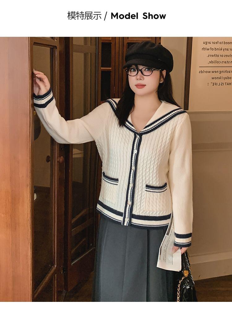 Sailor Collar Striped Cable Knit Cardigan Product Image