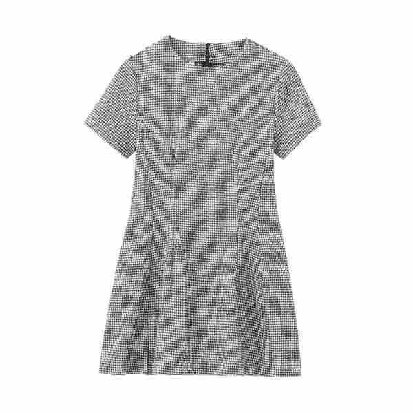 Short-Sleeve Round Neck Houndstooth Mini A-Line Dress Product Image