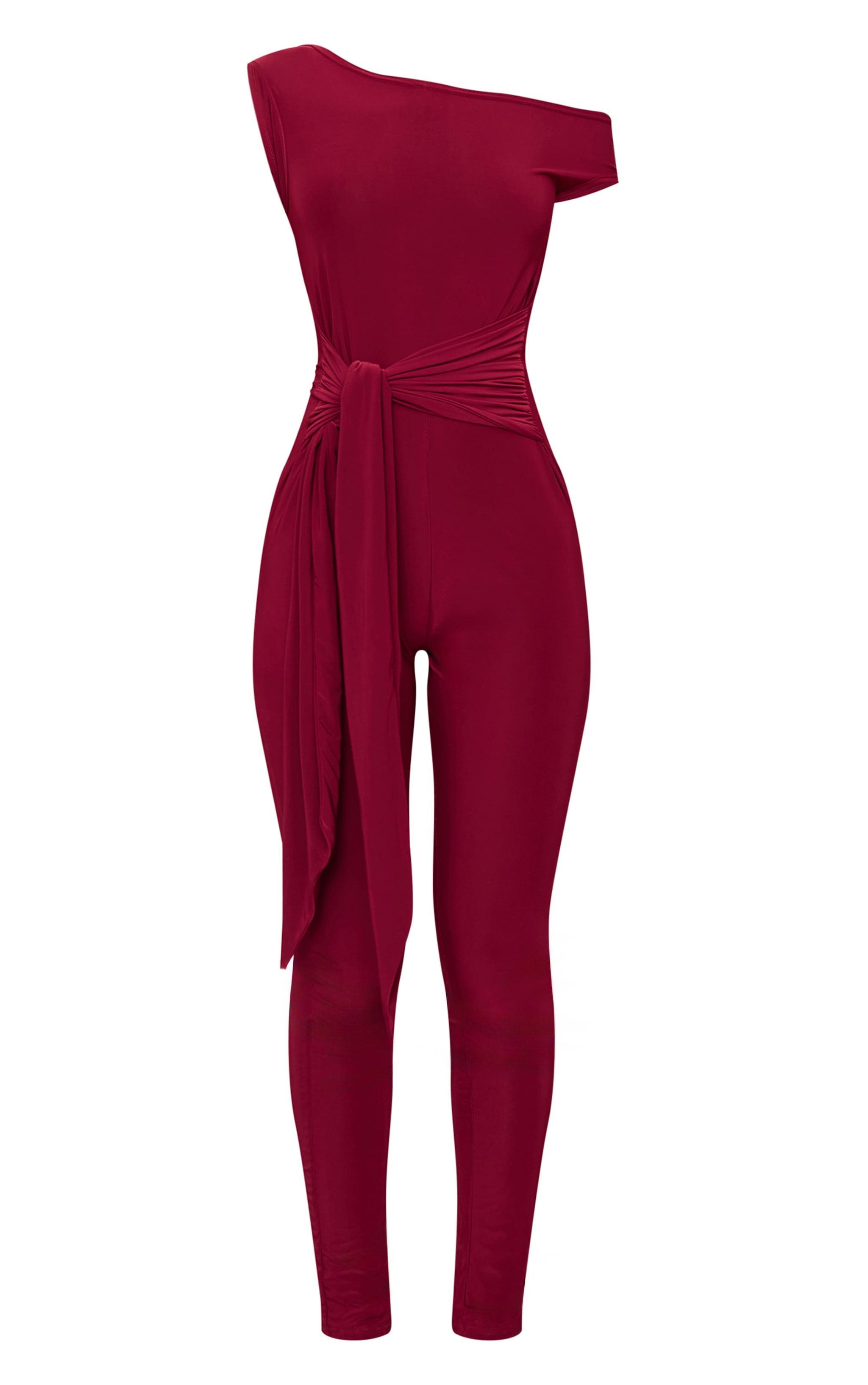 Burgundy Double Layer Slinky Knot Detail Wrap Front Jumpsuit Product Image