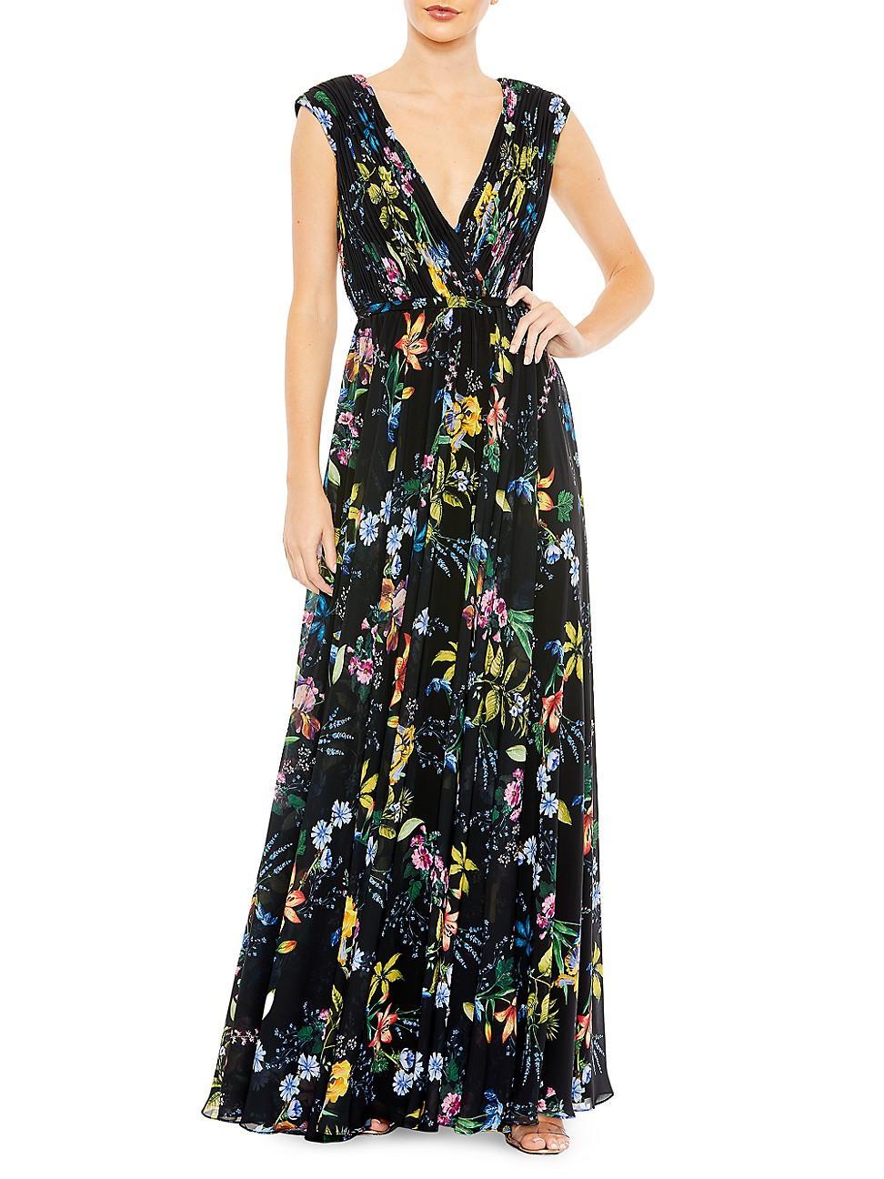 Womens Pleated Floral A-Line Gown Product Image