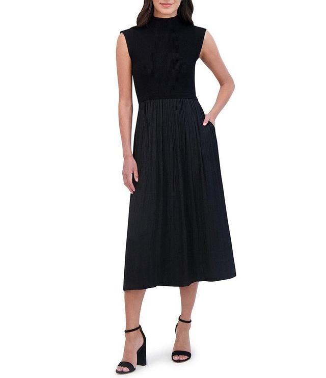 Vince Camuto Mixed Media Sweater Bodice Mock Neck Sleeveless Satin Drop Waist Trapeze Flounce Midi Dress Product Image