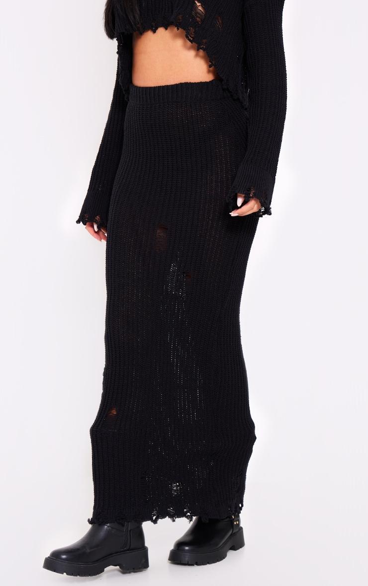 Tall Black Distressed Knitted Midaxi Skirt Product Image