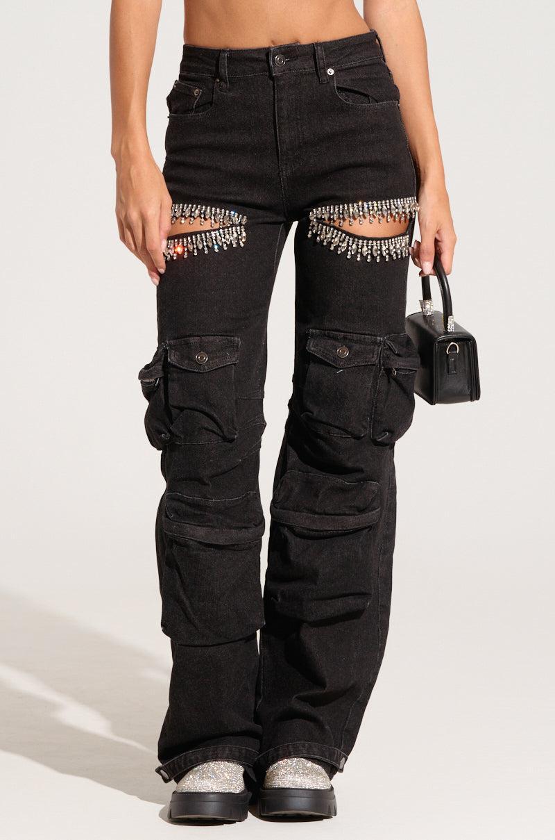 CALLING THE SHOTS CARGO DENIM WITH RHINESTONES IN BLACK Product Image